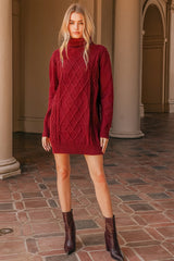 Cuddle Up Close Burgundy Cable Knit Turtleneck Sweater Dress