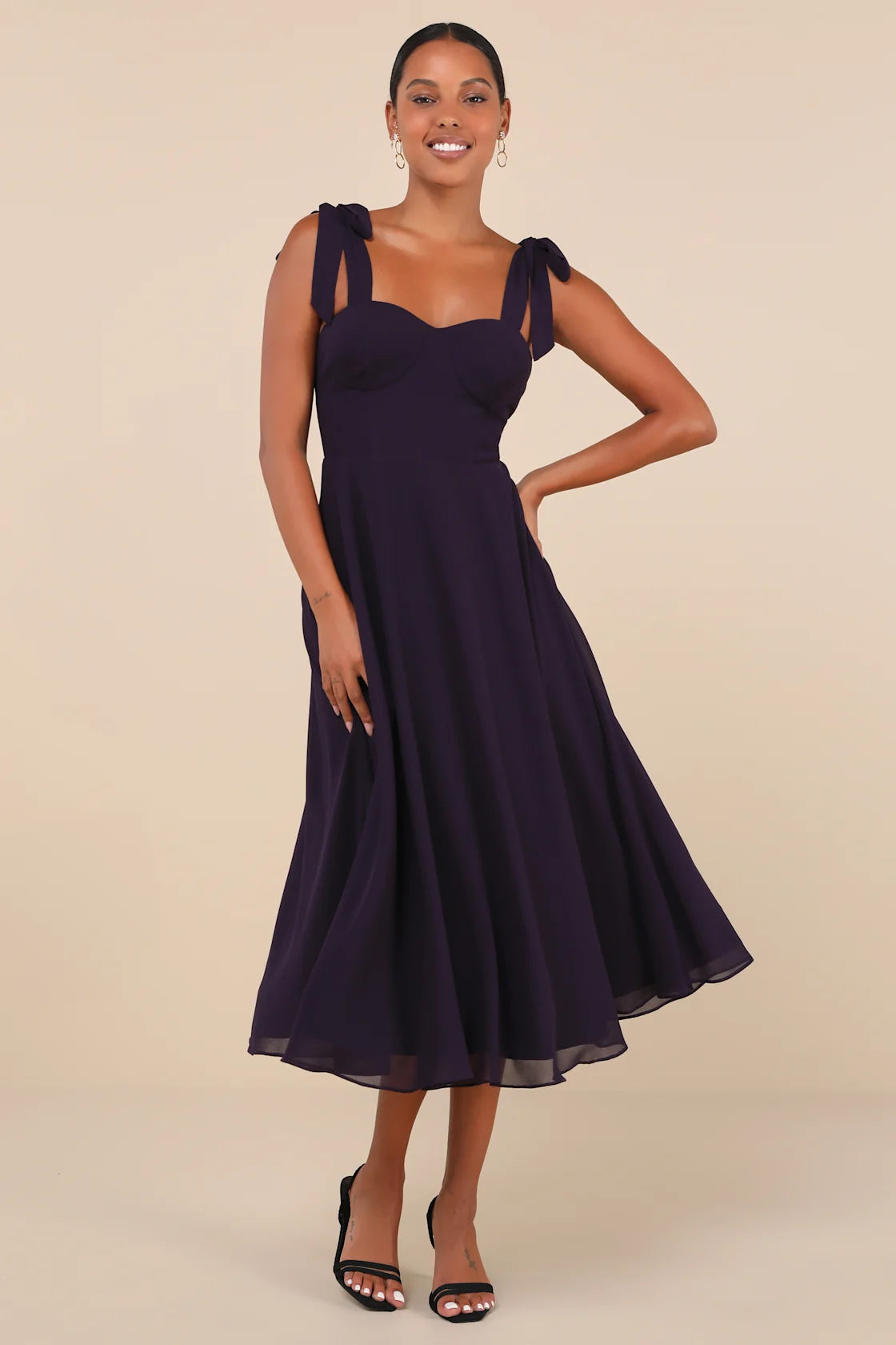 Sophisticated Charisma Navy Blue Tie-Strap A-Line Midi Dress