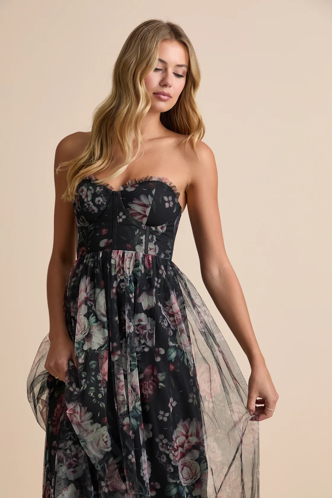 Stately Entrance Black Floral Mesh Strapless Maxi Dress