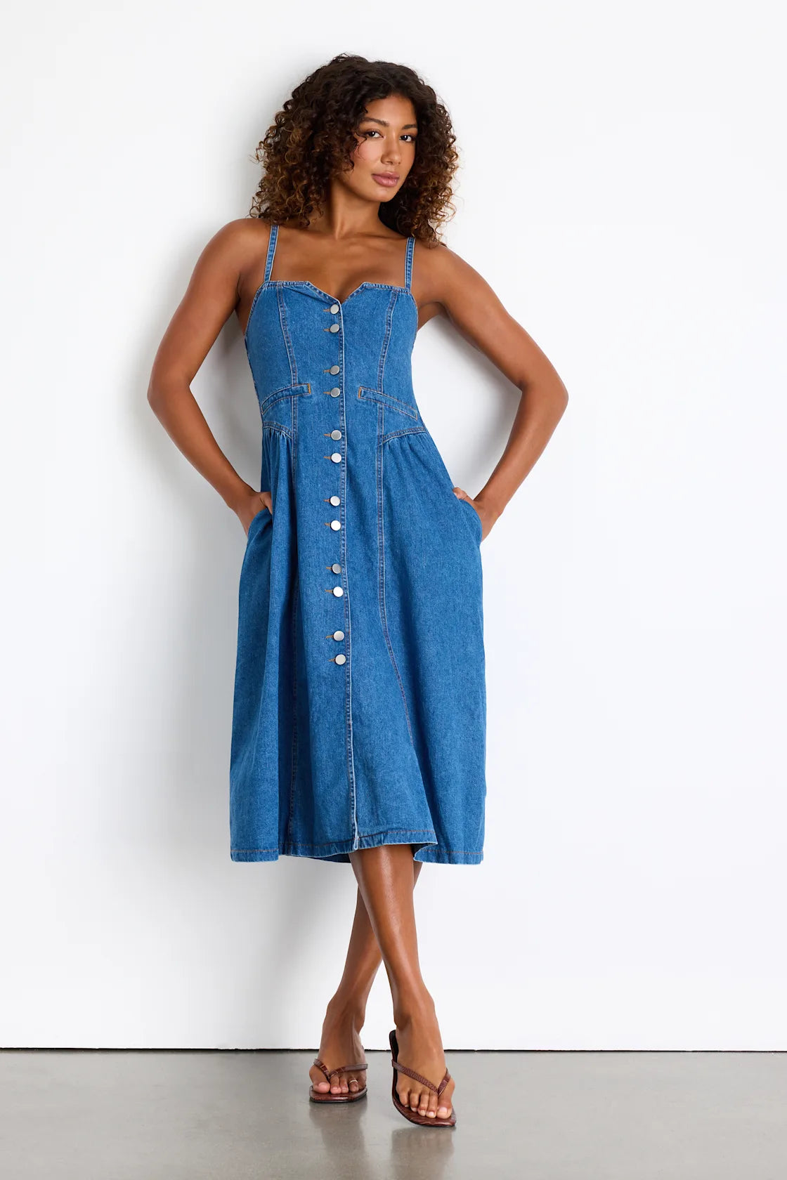 Westlee Medium Wash Denim Button-Front Midi Dress